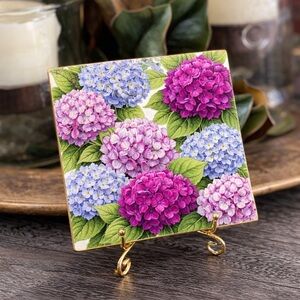Pink and Purple Hydrangeas Decorative Ceramic Tile with Stand 6” x 6”